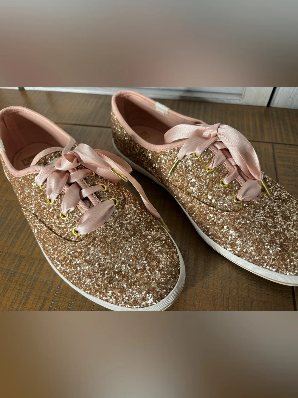 Keds x Kate Spade Champion Rose Gold Glitter Sneakers Box Extra Laces Women’s 7
